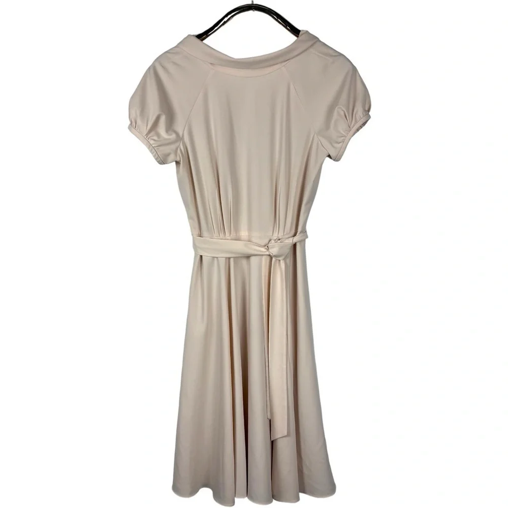 GAL MEETS GLAM ELEANOR PUFF SLEEVE TIE WAIST CREAM SATIN TWILL DRESS